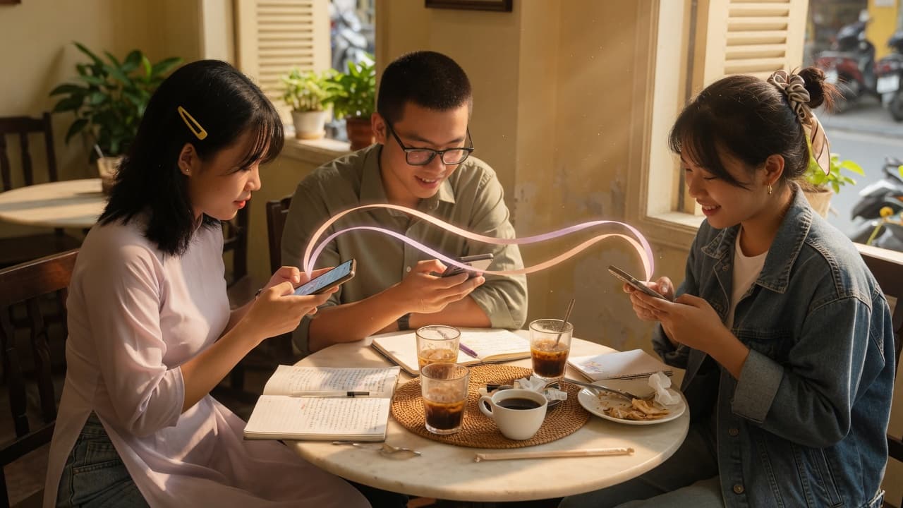 Ba cộng tác viên ngồi quán cà phê, điện thoại nối với nhau bằng dải sáng