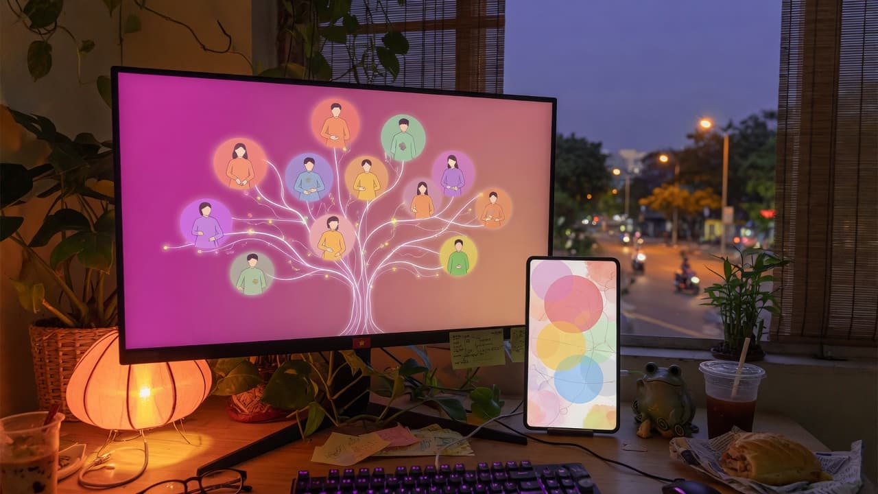 Màn hình quản lý cây cộng tác viên nhiều cấp, cạnh máy tính bảng, trên bàn làm việc buổi tối