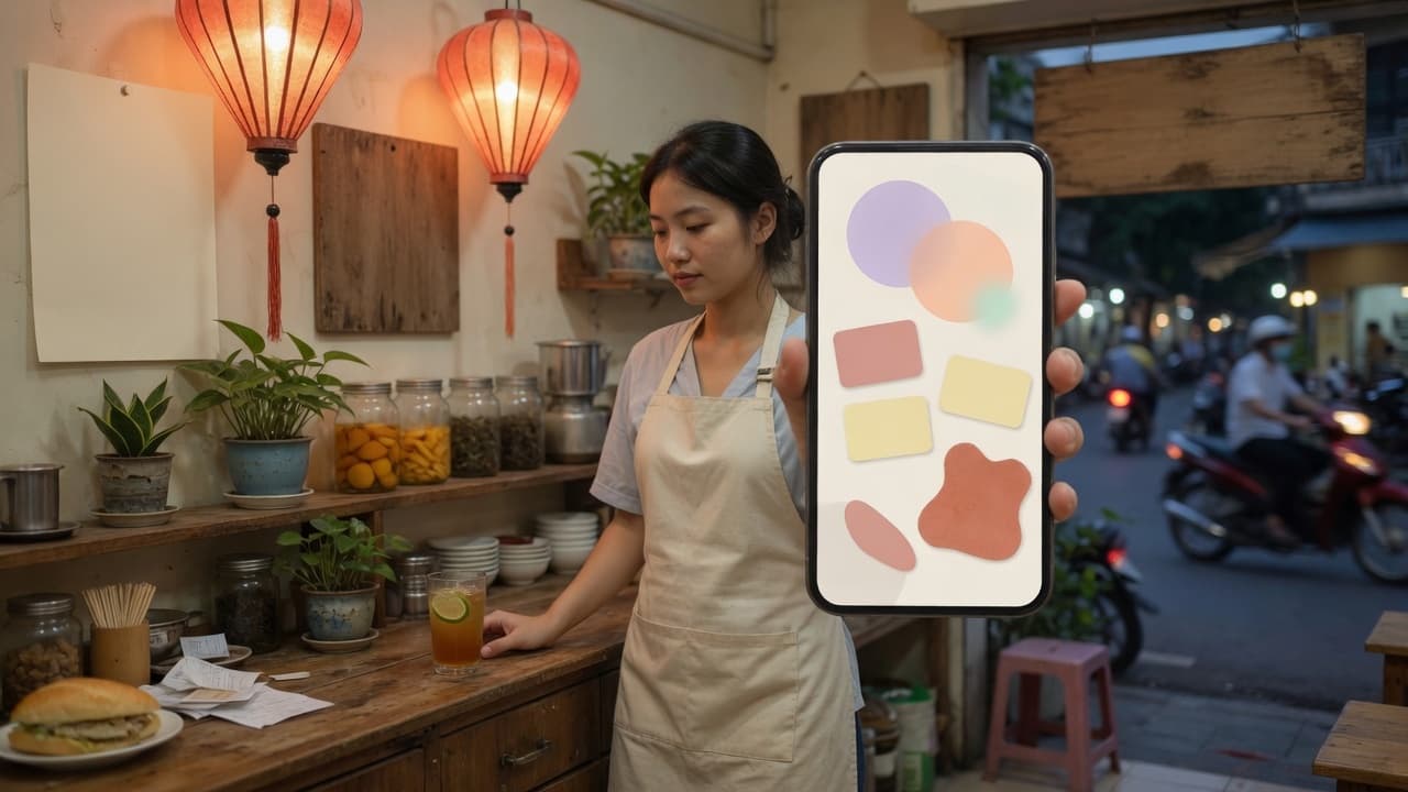 Chủ quán nhỏ cầm điện thoại, màn hình là các mảng màu, trong quán đèn lồng buổi tối