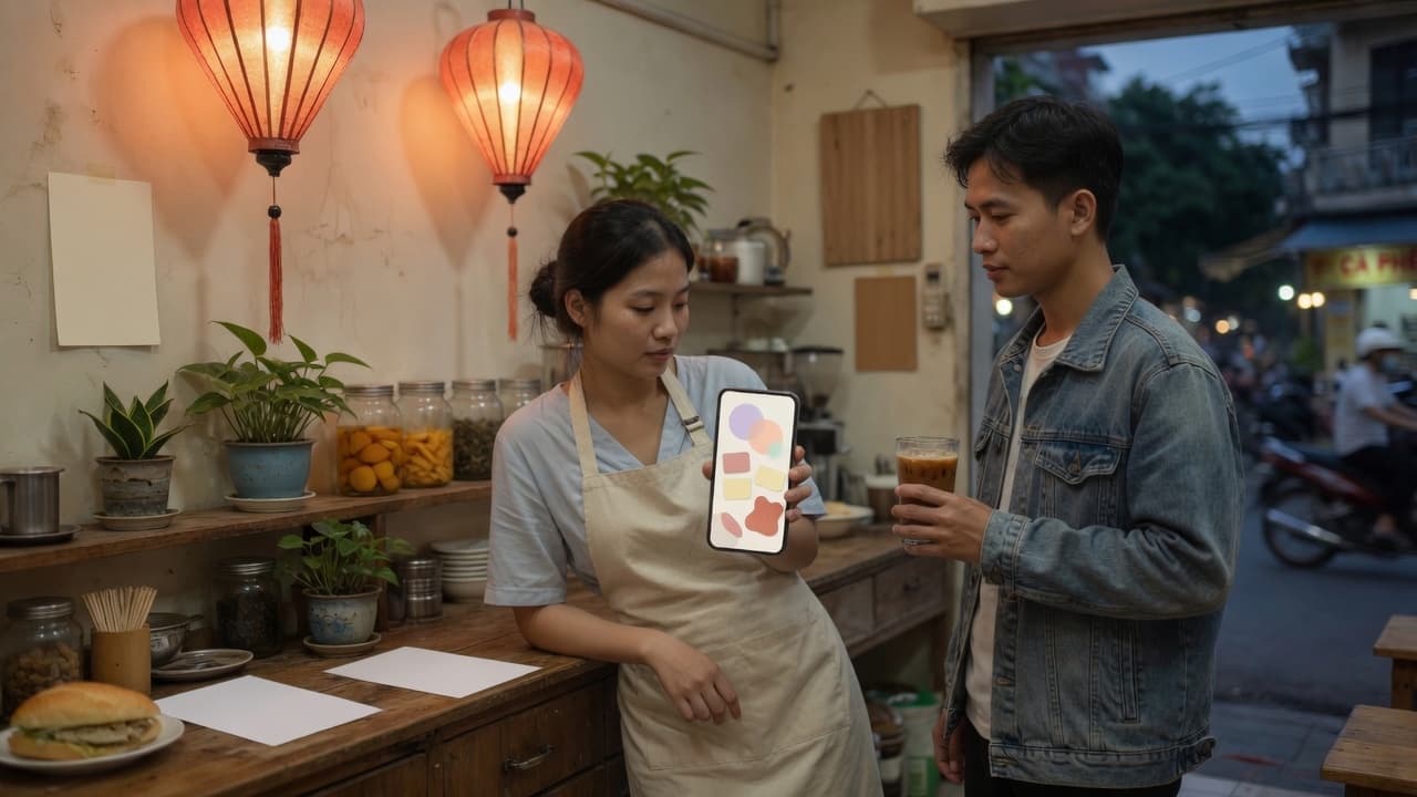 Chủ quán đưa điện thoại cho khách xem, màn hình chỉ có các mảng màu, trong quán buổi tối