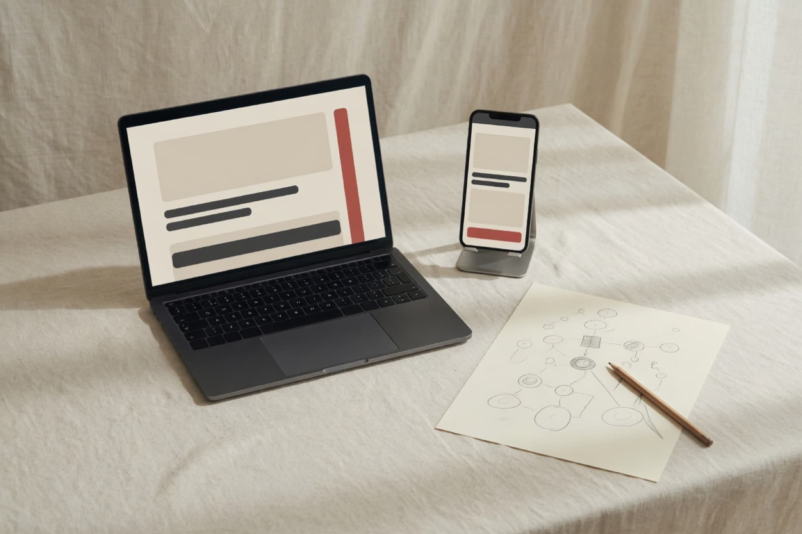 Laptop và điện thoại trên bàn làm việc, màn hình là bố cục app, cạnh đó là sơ đồ các màn hình.
